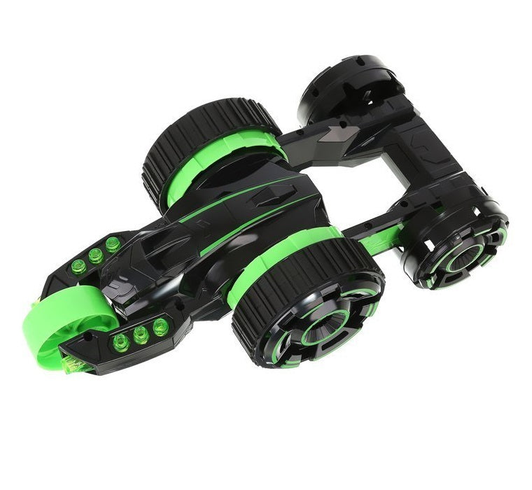 Masinuta cu telecomanda idealSTORE, Green Furios Car, Dimensiuni 30 x 15 x 9.5 cm, Echipata cu 5 roti, Acrobatii uimitoare sunt insotite de efecte de iluminare interesante care fac distractia si mai atractiva