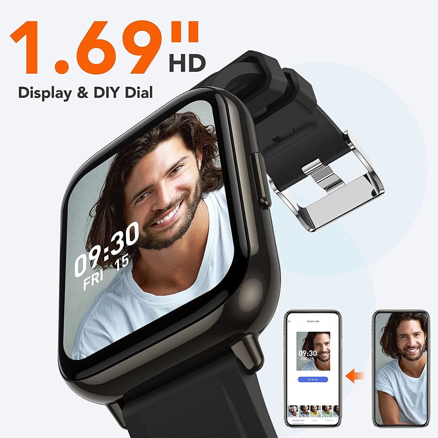Ceas SmartWatch Saphir idealStore, Ecran HD 1.69 inch, Notificari Apeluri/Mesaje, Monitorizare Ritm Cardiac si Tensiune Arteriala, Compatibil iOS/Android, Negru