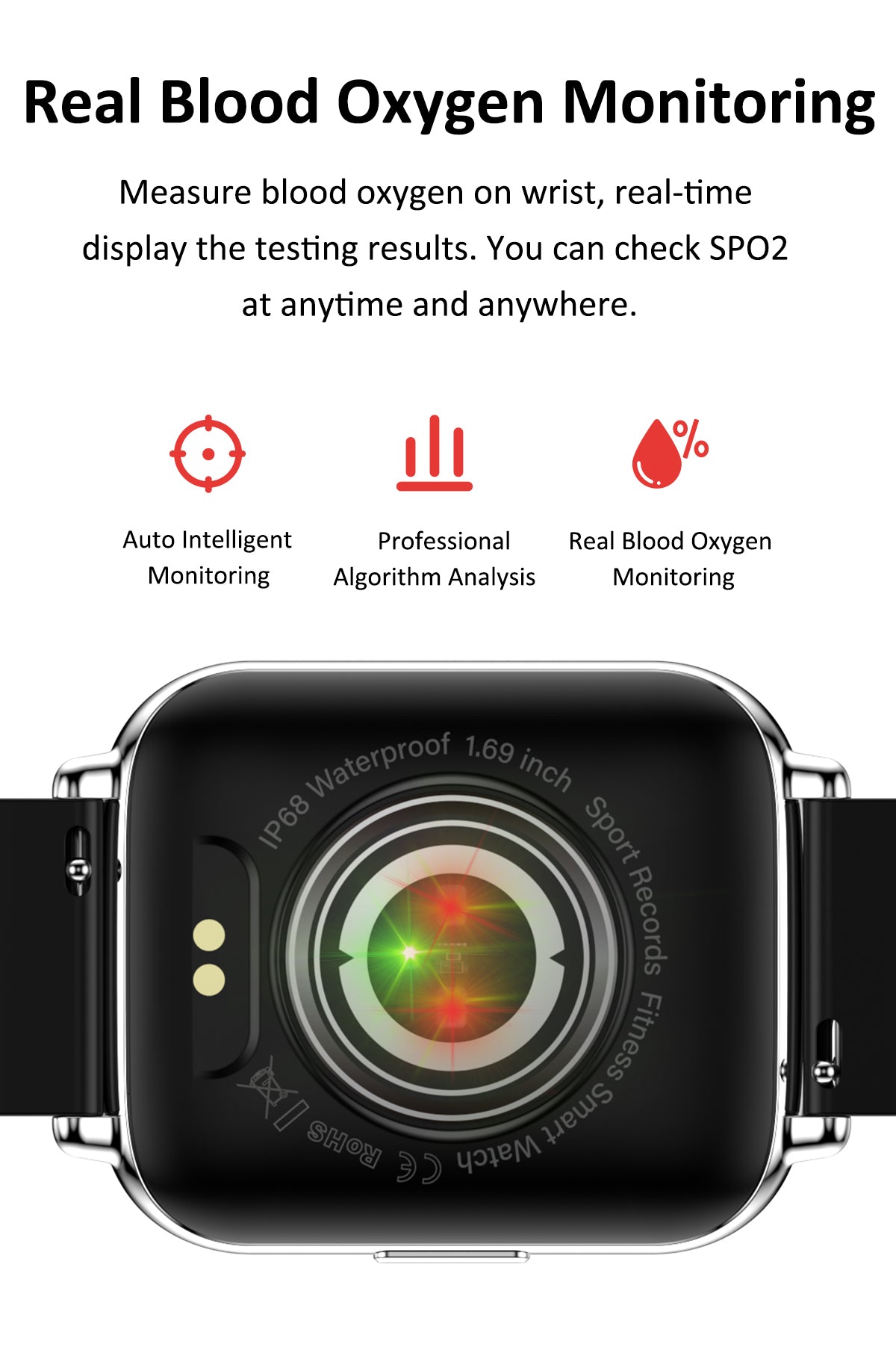 Ceas SmartWatch Saphir idealStore, Ecran HD 1.69 inch, Notificari Apeluri/Mesaje, Monitorizare Ritm Cardiac si Tensiune Arteriala, Compatibil iOS/Android, Negru