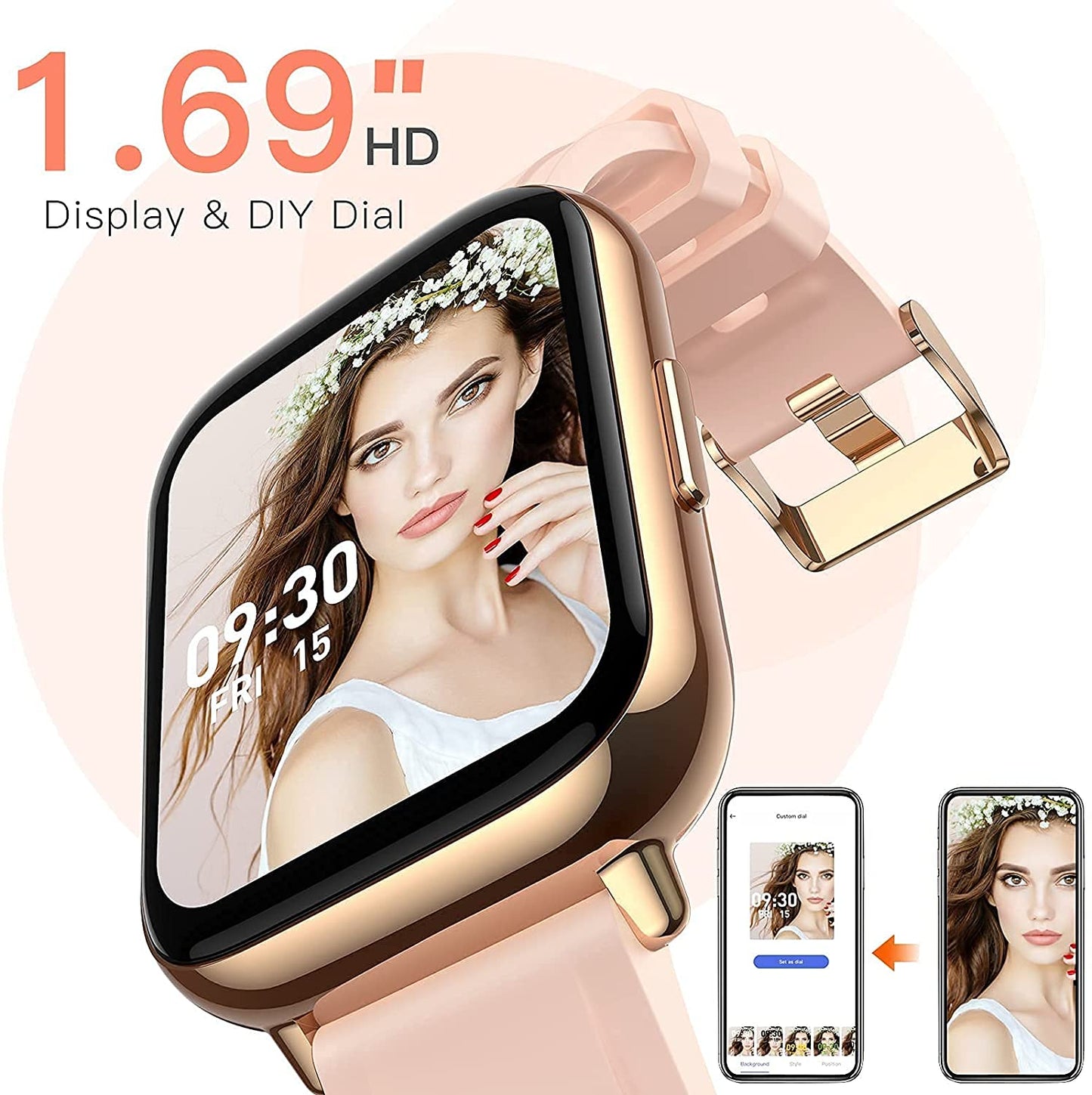 Ceas SmartWatch Saphir idealStore, Ecran HD 1.69 inch, Notificari Apeluri/Mesaje, Monitorizare Fitness, Ritm Cardiac si Tensiune Arteriala, Compatibil iOS/Android, Auriu