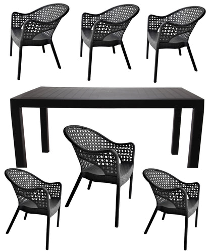 Set Masa cu 6 Scaune idealStore Ratan LUX, pentru Restaurant, Pub, Terasa, Calitate Premium, Masa din Polietilena L 140x l 80x h 75 cm, Scaun din Polietilena L 47 x l 69 x h 85 cm, Model Ratan, Rezistent la Apa, Soare, Inghet, Umezeala, Utilizare Multipla