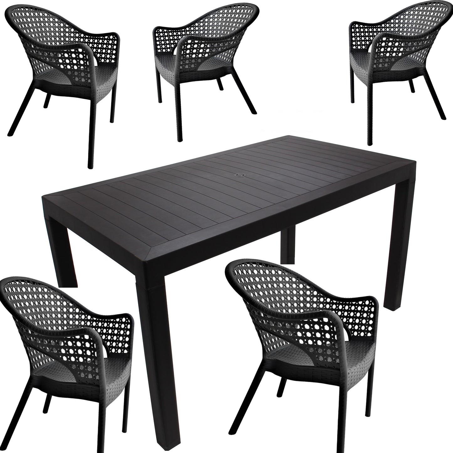 Set Masa cu 6 Scaune idealStore Ratan LUX, pentru Restaurant, Pub, Terasa, Calitate Premium, Masa din Polietilena L 140x l 80x h 75 cm, Scaun din Polietilena L 47 x l 69 x h 85 cm, Model Ratan, Rezistent la Apa, Soare, Inghet, Umezeala, Utilizare Multipla