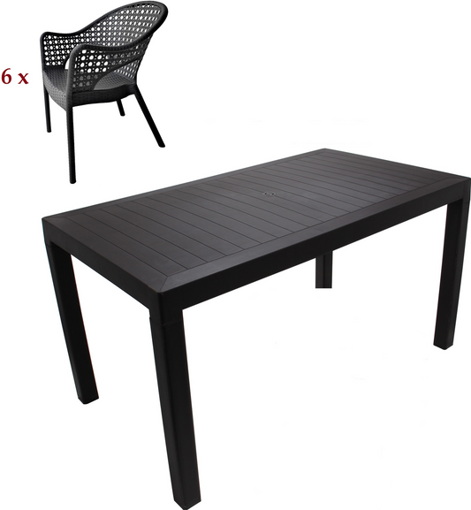Set Masa cu 6 Scaune idealStore Ratan LUX, pentru Restaurant, Pub, Terasa, Calitate Premium, Masa din Polietilena L 140x l 80x h 75 cm, Scaun din Polietilena L 47 x l 69 x h 85 cm, Model Ratan, Rezistent la Apa, Soare, Inghet, Umezeala, Utilizare Multipla