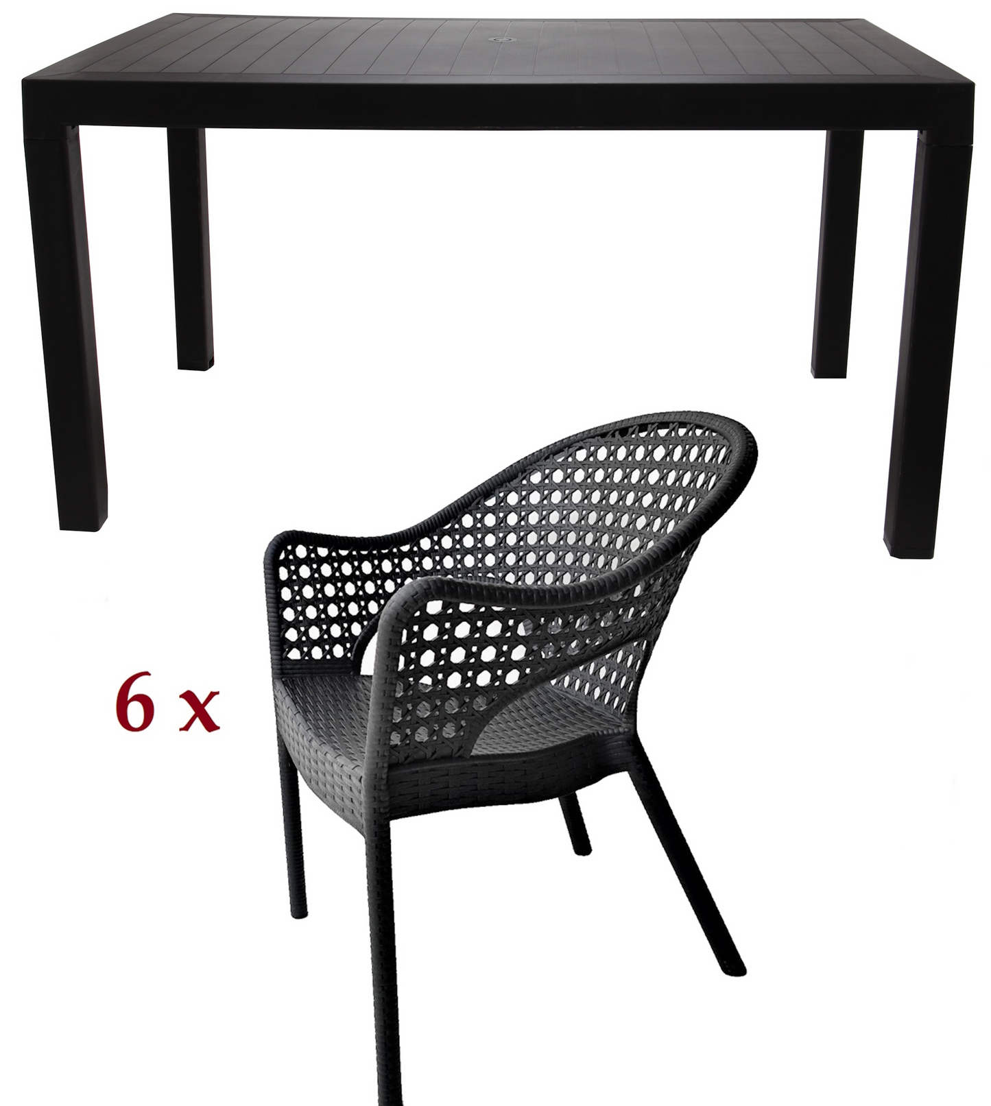 Set Masa cu 6 Scaune idealStore Ratan LUX, pentru Restaurant, Pub, Terasa, Calitate Premium, Masa din Polietilena L 140x l 80x h 75 cm, Scaun din Polietilena L 47 x l 69 x h 85 cm, Model Ratan, Rezistent la Apa, Soare, Inghet, Umezeala, Utilizare Multipla
