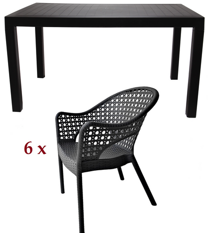 Set Masa cu 6 Scaune idealStore Ratan LUX, pentru Restaurant, Pub, Terasa, Calitate Premium, Masa din Polietilena L 140x l 80x h 75 cm, Scaun din Polietilena L 47 x l 69 x h 85 cm, Model Ratan, Rezistent la Apa, Soare, Inghet, Umezeala, Utilizare Multipla