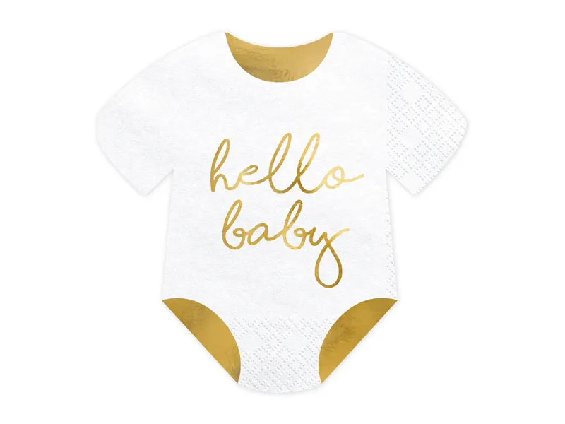 Servetele de hartie Hello Baby IdealStore, In forma de body, De culoare alb cu impriumeu auriu metalic, Dimensiune 16 x 16 cm, Ideal pentru petrecerea bebelusului