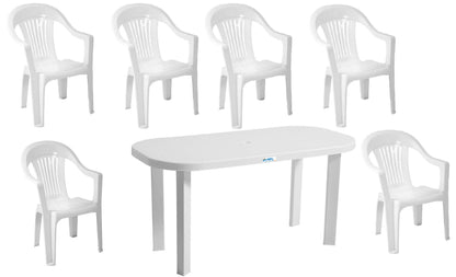 Set masa Gradina idealStore cu 6 Scaune si Masa 140x70x70cm, Rezistenta Sporita, Plastic de Inalta Calitate rezistent UV, Rezistent la Apa si Temperaturi Ridicate, Alb