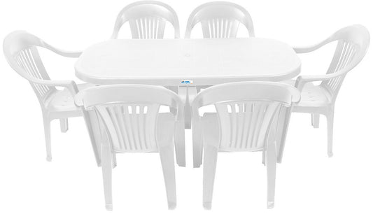 Set masa Gradina idealStore cu 6 Scaune si Masa 140x70x70cm, Rezistenta Sporita, Plastic de Inalta Calitate rezistent UV, Rezistent la Apa si Temperaturi Ridicate, Alb