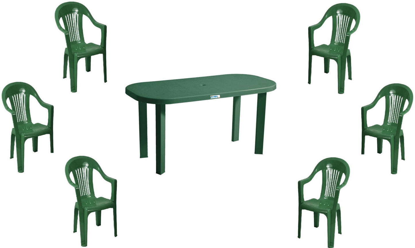 Set masa Gradina idealStore cu 6 Scaune si Masa 140x70x70cm, Rezistenta Sporita, Plastic de Inalta Calitate rezistent UV, Rezistent la Apa si Temperaturi Ridicate, Verde