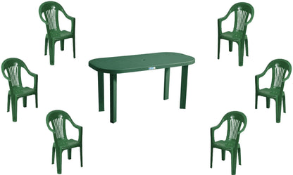 Set masa Gradina idealStore cu 6 Scaune si Masa 140x70x70cm, Rezistenta Sporita, Plastic de Inalta Calitate rezistent UV, Rezistent la Apa si Temperaturi Ridicate, Verde