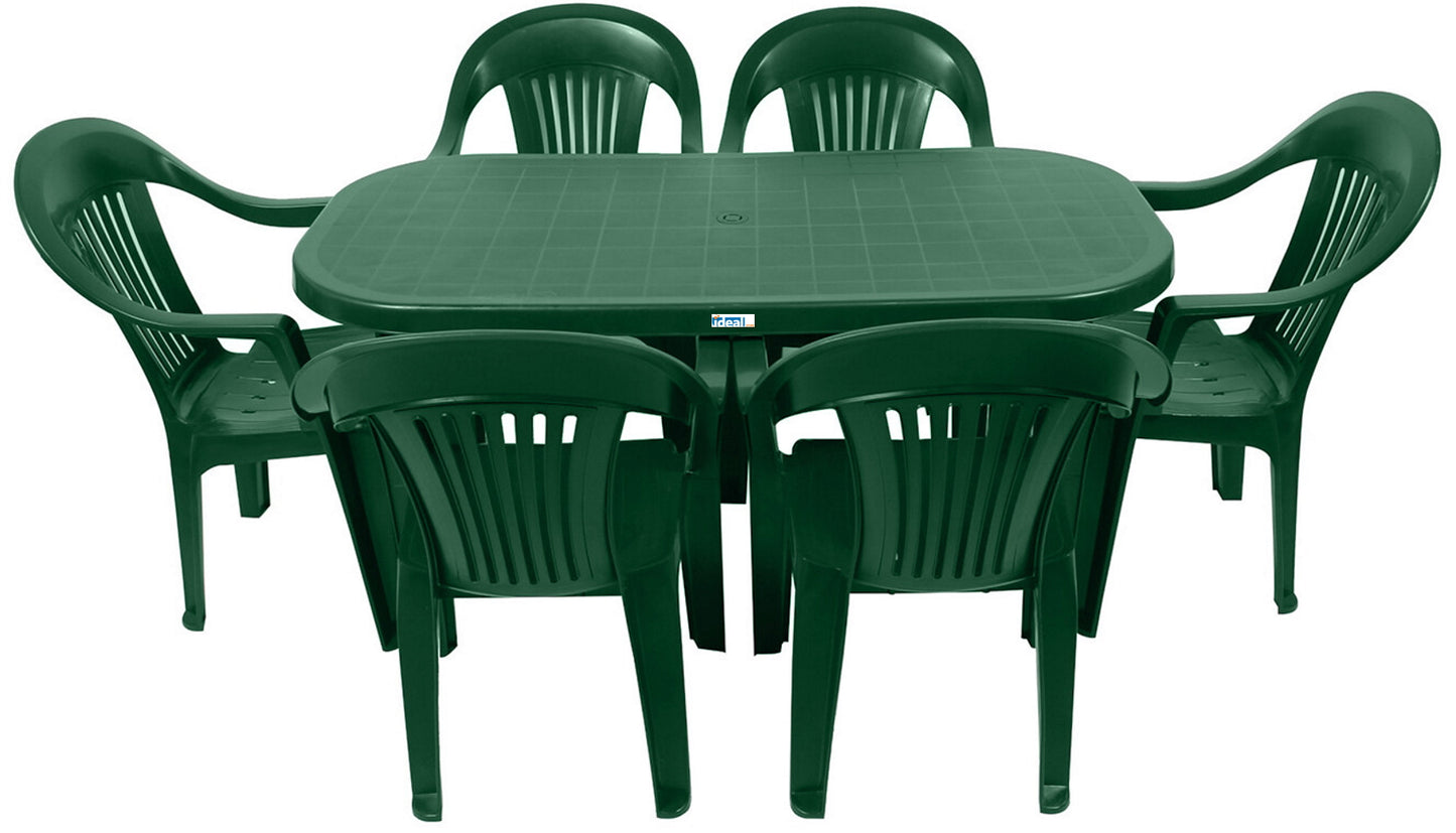 Set masa Gradina idealStore cu 6 Scaune si Masa 140x70x70cm, Rezistenta Sporita, Plastic de Inalta Calitate rezistent UV, Rezistent la Apa si Temperaturi Ridicate, Verde
