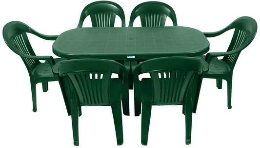 Set masa Gradina idealStore cu 6 Scaune si Masa 140x70x70cm, Rezistenta Sporita, Plastic de Inalta Calitate rezistent UV, Rezistent la Apa si Temperaturi Ridicate, Verde