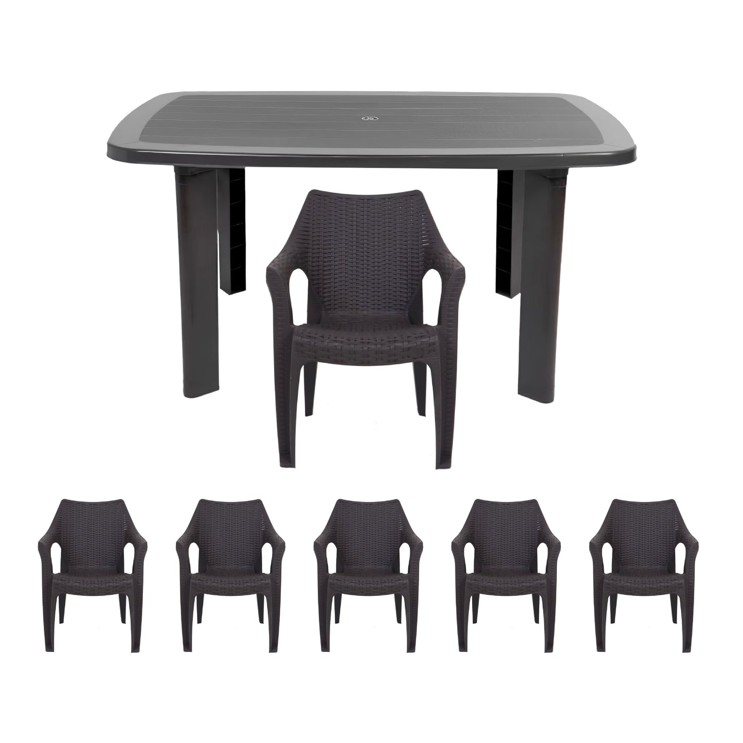 Set Masa cu 6 Scaune de Gradina, Terasa, idealSTORE, Plastic de Inalta Calitate, Polietilena, Dimensiuni masa 135 x 85 x 72 cm, Rezistent la Actiunea Factorilor Atmosferici Nocivi si a Razelor UV, Culoare Maro, Greutatea maxima 120 Kg