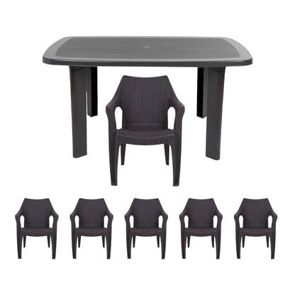 Set Masa cu 6 Scaune de Gradina, Terasa, idealSTORE, Plastic de Inalta Calitate, Polietilena, Dimensiuni masa 135 x 85 x 72 cm, Rezistent la Actiunea Factorilor Atmosferici Nocivi si a Razelor UV, Culoare Maro, Greutatea maxima 120 Kg
