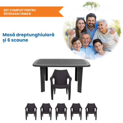 Set Masa cu 6 Scaune de Gradina, Terasa, idealSTORE, Plastic de Inalta Calitate, Polietilena, Dimensiuni masa 135 x 85 x 72 cm, Rezistent la Actiunea Factorilor Atmosferici Nocivi si a Razelor UV, Culoare Maro, Greutatea maxima 120 Kg