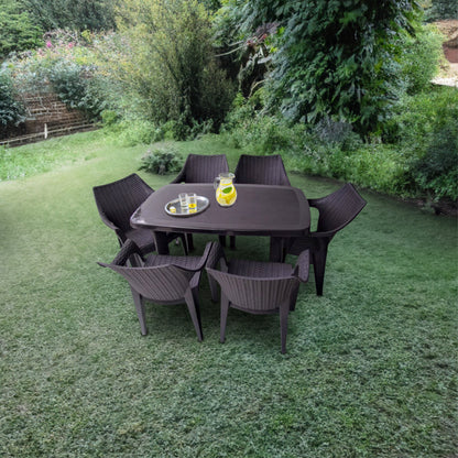 Set Masa cu 6 Scaune de Gradina, Terasa, idealSTORE, Plastic de Inalta Calitate, Polietilena, Dimensiuni masa 135 x 85 x 72 cm, Rezistent la Actiunea Factorilor Atmosferici Nocivi si a Razelor UV, Culoare Maro, Greutatea maxima 120 Kg