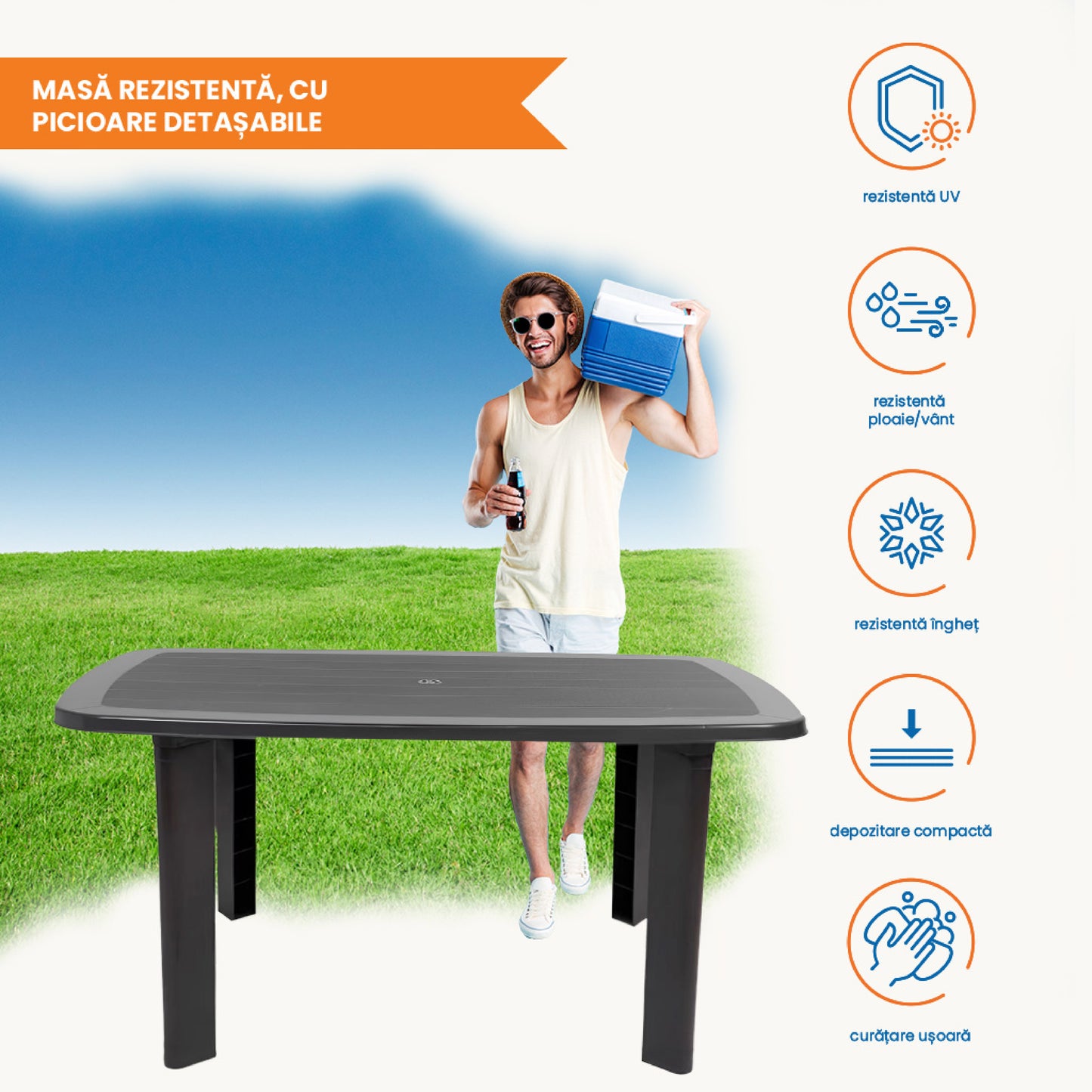 Set Masa cu 6 Scaune de Gradina, Terasa, idealSTORE, Plastic de Inalta Calitate, Polietilena, Dimensiuni masa 135 x 85 x 72 cm, Rezistent la Actiunea Factorilor Atmosferici Nocivi si a Razelor UV, Culoare Maro, Greutatea maxima 120 Kg