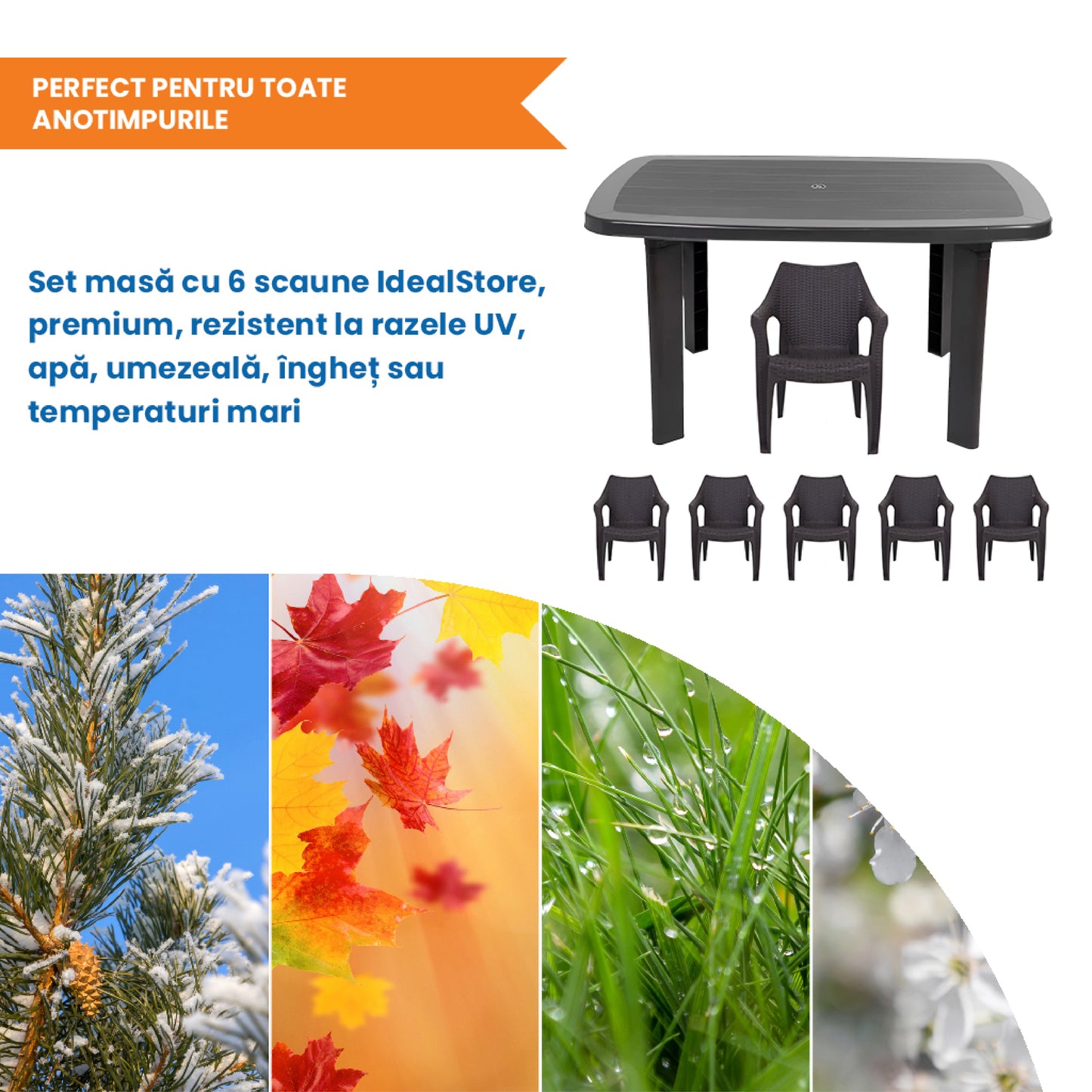 Set Masa cu 6 Scaune de Gradina, Terasa, idealSTORE, Plastic de Inalta Calitate, Polietilena, Dimensiuni masa 135 x 85 x 72 cm, Rezistent la Actiunea Factorilor Atmosferici Nocivi si a Razelor UV, Culoare Maro, Greutatea maxima 120 Kg