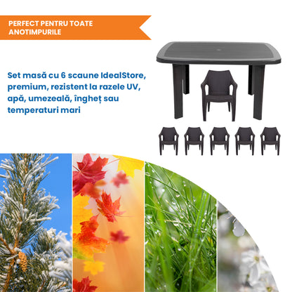 Set Masa cu 6 Scaune de Gradina, Terasa, idealSTORE, Plastic de Inalta Calitate, Polietilena, Dimensiuni masa 135 x 85 x 72 cm, Rezistent la Actiunea Factorilor Atmosferici Nocivi si a Razelor UV, Culoare Maro, Greutatea maxima 120 Kg