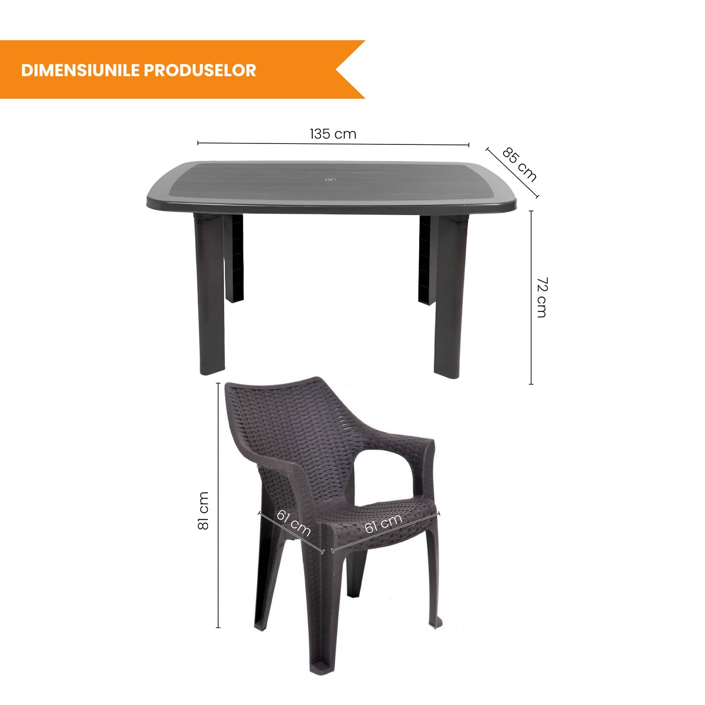 Set Masa cu 6 Scaune de Gradina, Terasa, idealSTORE, Plastic de Inalta Calitate, Polietilena, Dimensiuni masa 135 x 85 x 72 cm, Rezistent la Actiunea Factorilor Atmosferici Nocivi si a Razelor UV, Culoare Maro, Greutatea maxima 120 Kg