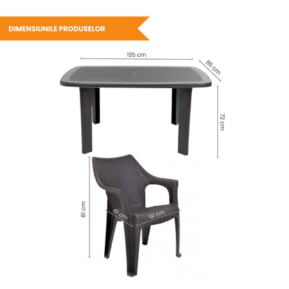 Set Masa cu 6 Scaune de Gradina, Terasa, idealSTORE, Plastic de Inalta Calitate, Polietilena, Dimensiuni masa 135 x 85 x 72 cm, Rezistent la Actiunea Factorilor Atmosferici Nocivi si a Razelor UV, Culoare Maro, Greutatea maxima 120 Kg