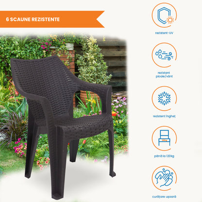 Set Masa cu 6 Scaune de Gradina, Terasa, idealSTORE, Plastic de Inalta Calitate, Polietilena, Dimensiuni masa 135 x 85 x 72 cm, Rezistent la Actiunea Factorilor Atmosferici Nocivi si a Razelor UV, Culoare Maro, Greutatea maxima 120 Kg