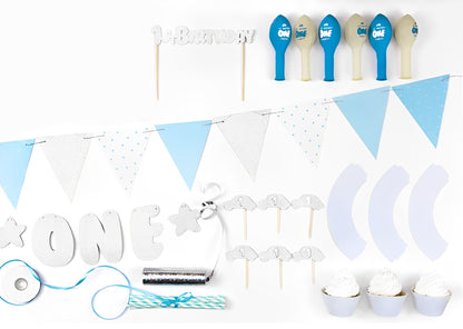 Set Decoratiuni pentru Petrecere Baby Party Boy idealSTORE, Include Banner ONE, Ghirlanda de Hartie, Topper pentru Tort, Briose, Baloane Latex, Panglica din Satin Albastru Deschis, Perfect pentru prima zi de Nastere
