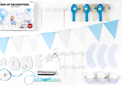 Set Decoratiuni pentru Petrecere Baby Party Boy idealSTORE, Include Banner ONE, Ghirlanda de Hartie, Topper pentru Tort, Briose, Baloane Latex, Panglica din Satin Albastru Deschis, Perfect pentru prima zi de Nastere