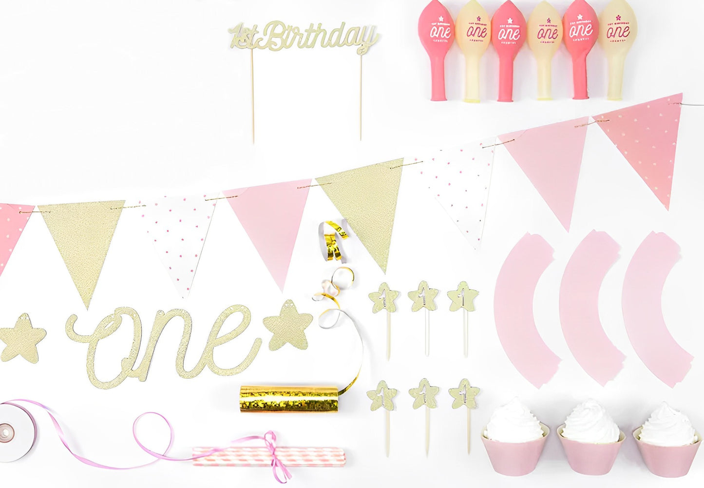 Set Decoratiuni pentru Petrecere Baby Party GIRL idealSTORE, Include Banner ONE, Ghirlanda de Hartie, Topper pentru Tort, Briose, Baloane Latex, Panglica din Satin Albastru Deschis, Perfect pentru prima zi de Nastere