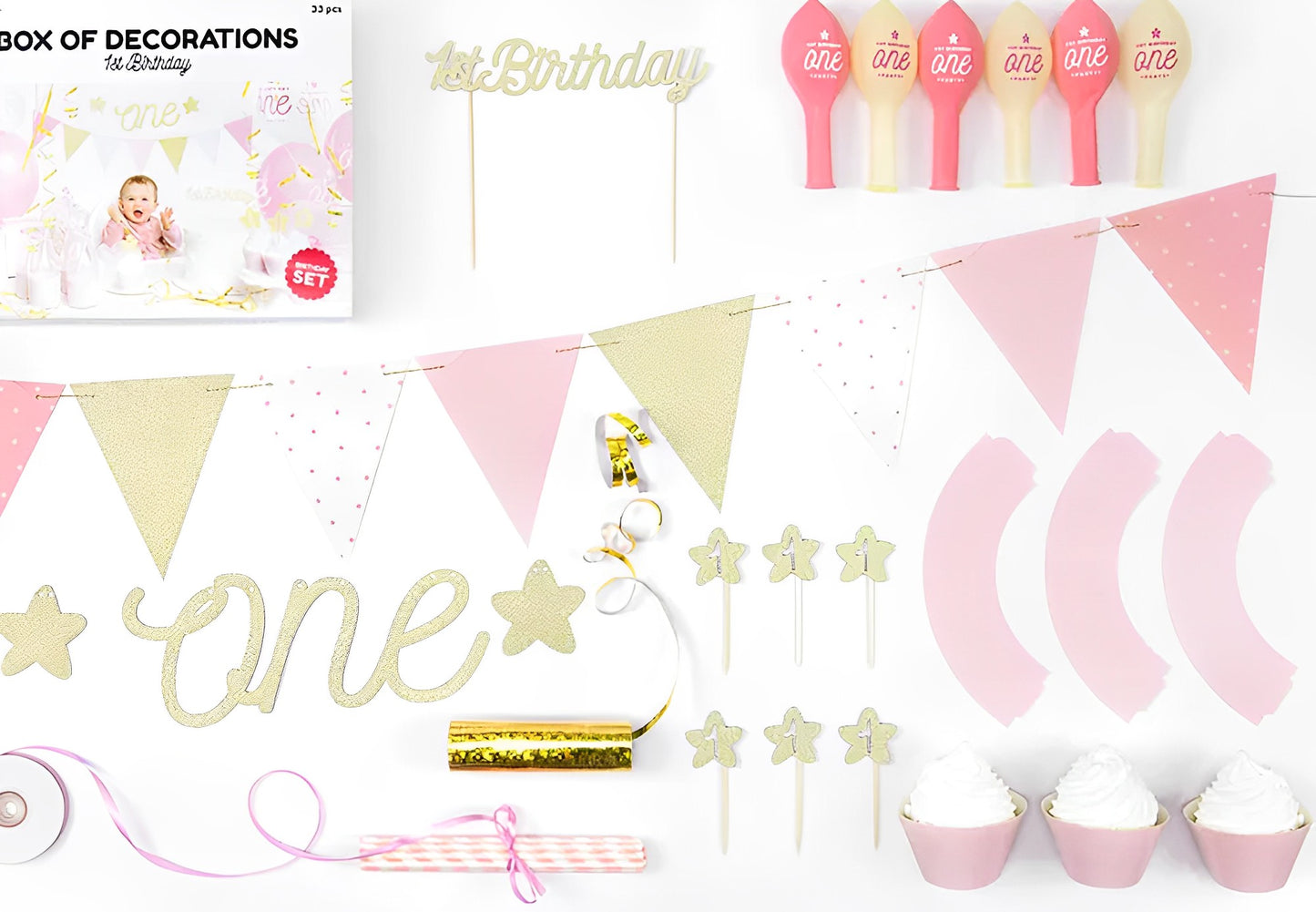 Set Decoratiuni pentru Petrecere Baby Party GIRL idealSTORE, Include Banner ONE, Ghirlanda de Hartie, Topper pentru Tort, Briose, Baloane Latex, Panglica din Satin Albastru Deschis, Perfect pentru prima zi de Nastere