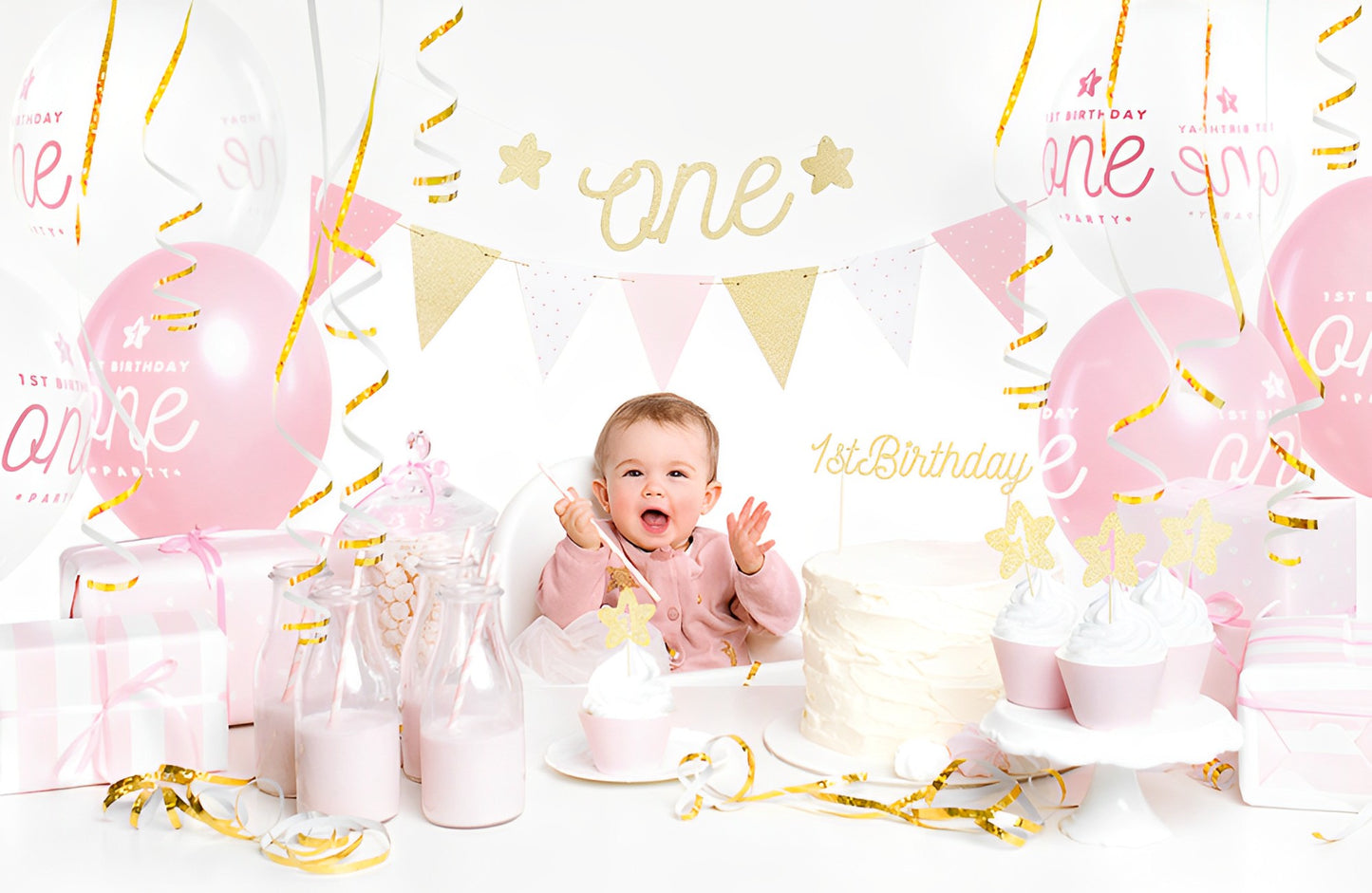 Set Decoratiuni pentru Petrecere Baby Party GIRL idealSTORE, Include Banner ONE, Ghirlanda de Hartie, Topper pentru Tort, Briose, Baloane Latex, Panglica din Satin Albastru Deschis, Perfect pentru prima zi de Nastere