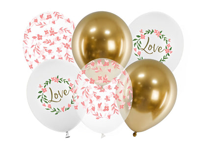 Set 6 baloane Love Mix Party IdealStore, Dimensiune 30 cm, 3 combinatii de culori disponibile din Latex, Ideale pentru petreceri reusite