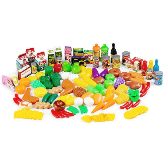 Set Produse pentru bucatarie idealSTORE Happy Market, Include 120 de piese alimentare fructe, legume, prajituri, sucuri necesare orcarui mic bucatar