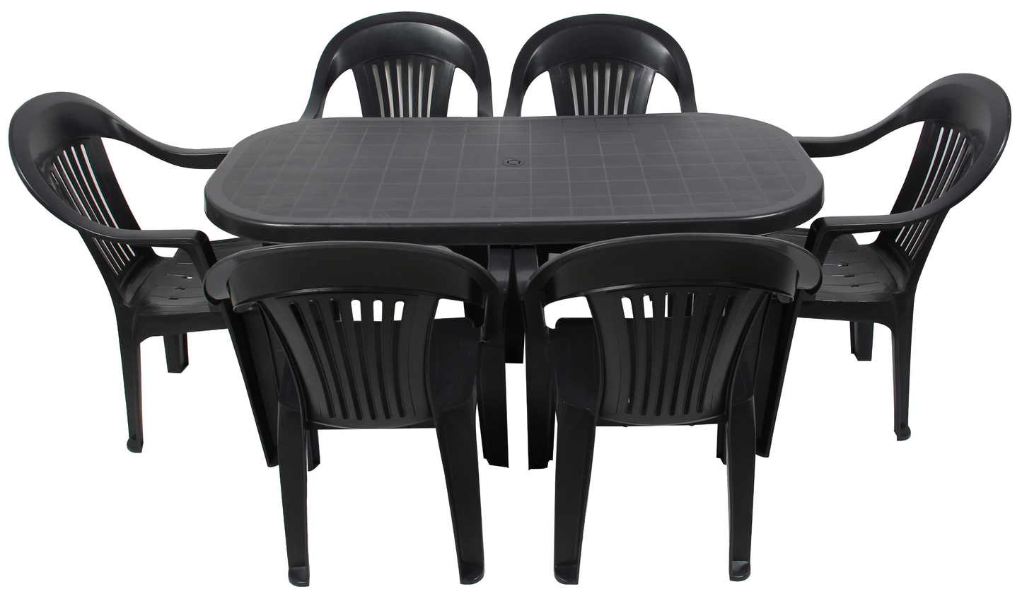 Set masa Gradina IdealStore Bali cu 6 SCAUNE, 140x70x70cm, Realizat din plastic de inalta calitate, Rezistent la UMIDITATE, Permite adaptari creative si inovatoare, Antracit Perlat