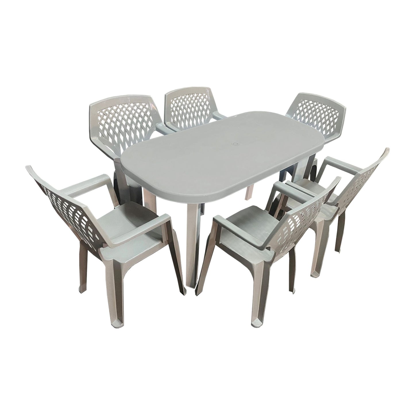 Set Masa cu 6 Scaune de Gradina, Terasa idealSTORE, Polipropilena, Dimensiuni Masa 140 x 70 x 70cm, Plastic de Inalta Calitate, Rezistent la Actiunea Factorilor Atmosferici Nocivi si a Razelor UV, Sarcina 120 Kg, Culoare Nisipiu