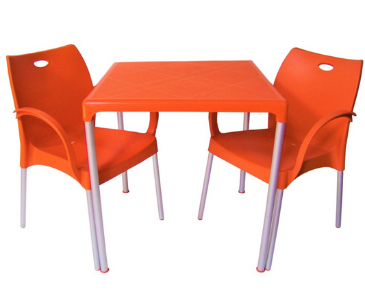 Set Masa Patrata cu 4 Scaune de Gradina, Terasa, idealSTORE, Plastic de Inalta Calitate, Picioare Metalice Detasabile, Dimensiuni 70 x 70 x 72 cm, Rezistent la Actiunea Factorilor Atmosferici Nocivi si a Razelor UV, Orange, Greutatea maxima 120 Kg