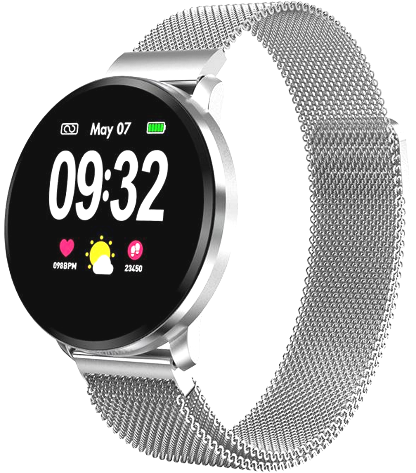 Ceas SmartWatch IdealSTORE Smart Fit 90 cu bratara metalica, Functie Oximetru SpO2, Functie avertizare sedentarism, Monitorizarea ritmului cardiac, Notificari Apeluri, SMS, Aplicatii, Rezistent la apa IP67, Ecran Full Touch 1.3 inch, Argintiu