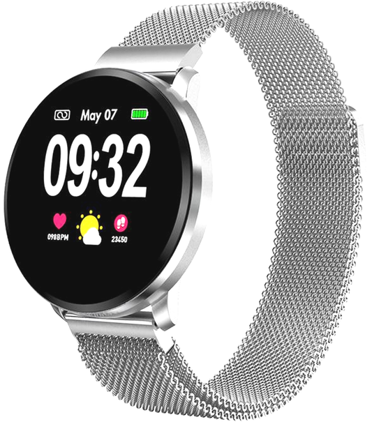 Ceas SmartWatch IdealSTORE Smart Fit 90 cu bratara metalica, Functie Oximetru SpO2, Functie avertizare sedentarism, Monitorizarea ritmului cardiac, Notificari Apeluri, SMS, Aplicatii, Rezistent la apa IP67, Ecran Full Touch 1.3 inch, Argintiu
