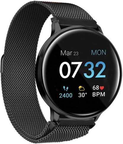 Ceas SmartWatch IdealSTORE Smart Fit 90 cu bratara metalica, Functie Oximetru SpO2, Functie avertizare sedentarism, Monitorizarea ritmului cardiac, Notificari Apeluri, SMS, Aplicatii, Rezistent la apa IP67, Ecran Full Touch 1.3 inch, Negru