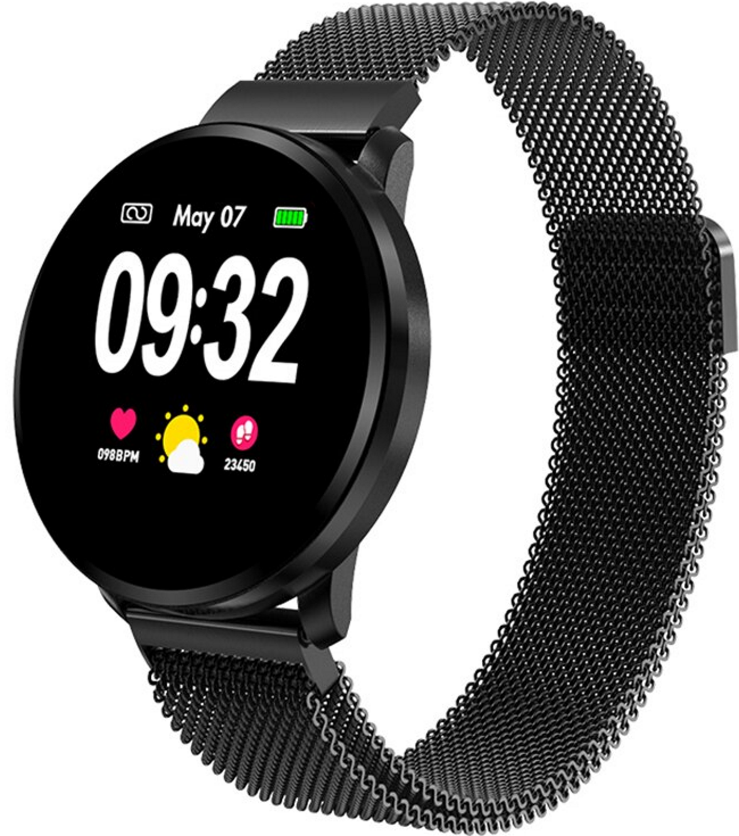 Ceas SmartWatch IdealSTORE Smart Fit 90 cu bratara metalica, Functie Oximetru SpO2, Functie avertizare sedentarism, Monitorizarea ritmului cardiac, Notificari Apeluri, SMS, Aplicatii, Rezistent la apa IP67, Ecran Full Touch 1.3 inch, Negru