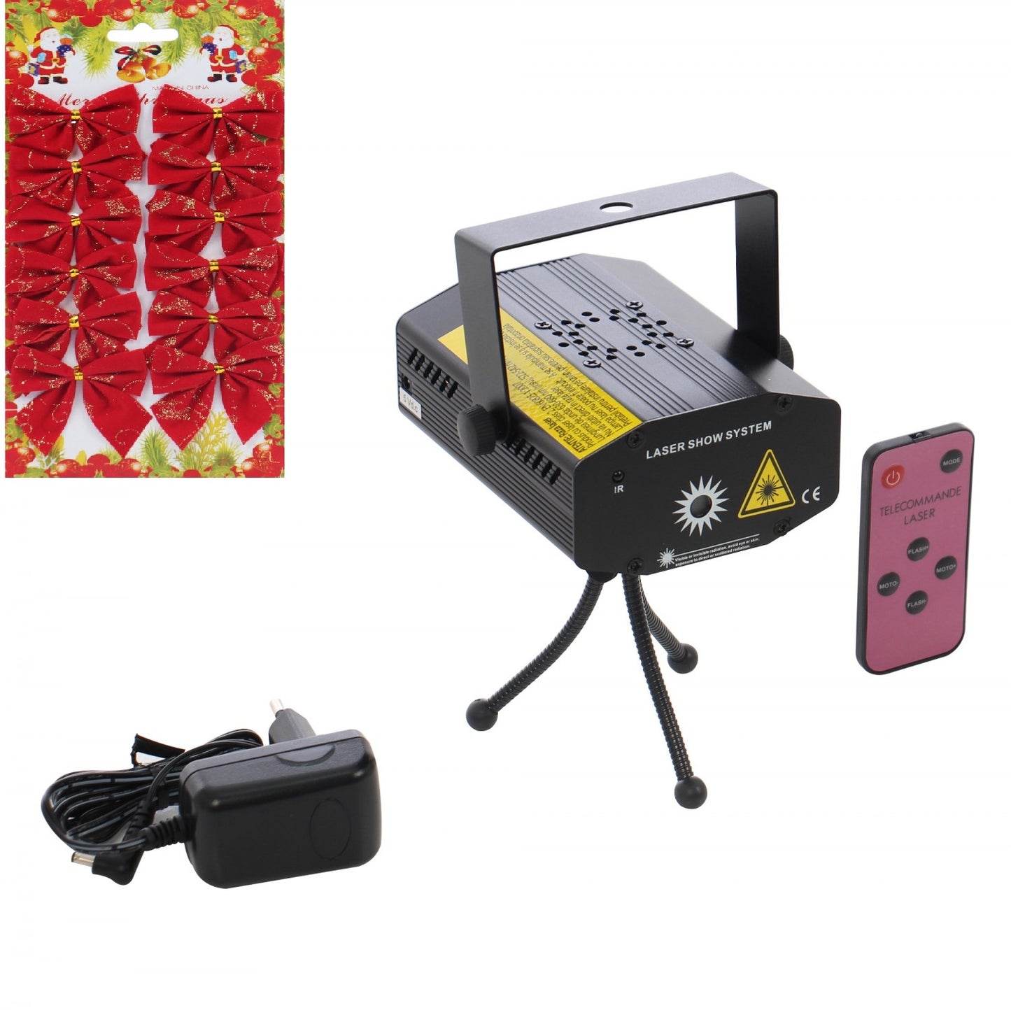 Instalatie Craciun IDL Laser Shower cu telecomanda si microfon pentru iluminarea interioara a locuintei, Efecte multiple, Proiectii de imagini si jocuri de lumini bicolore alaturi de set 12 fundite rosii pentru decorarea bradului