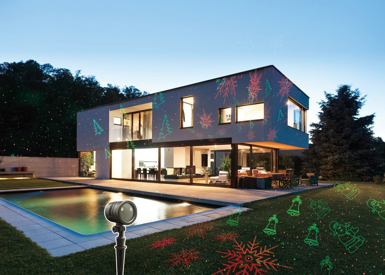 Instalatie Craciun IDL Laser Shower cu Telecomanda ce schimba infatisarea casei realizand diferite proiectii speciale cu lumini in nuante de rosu si verde