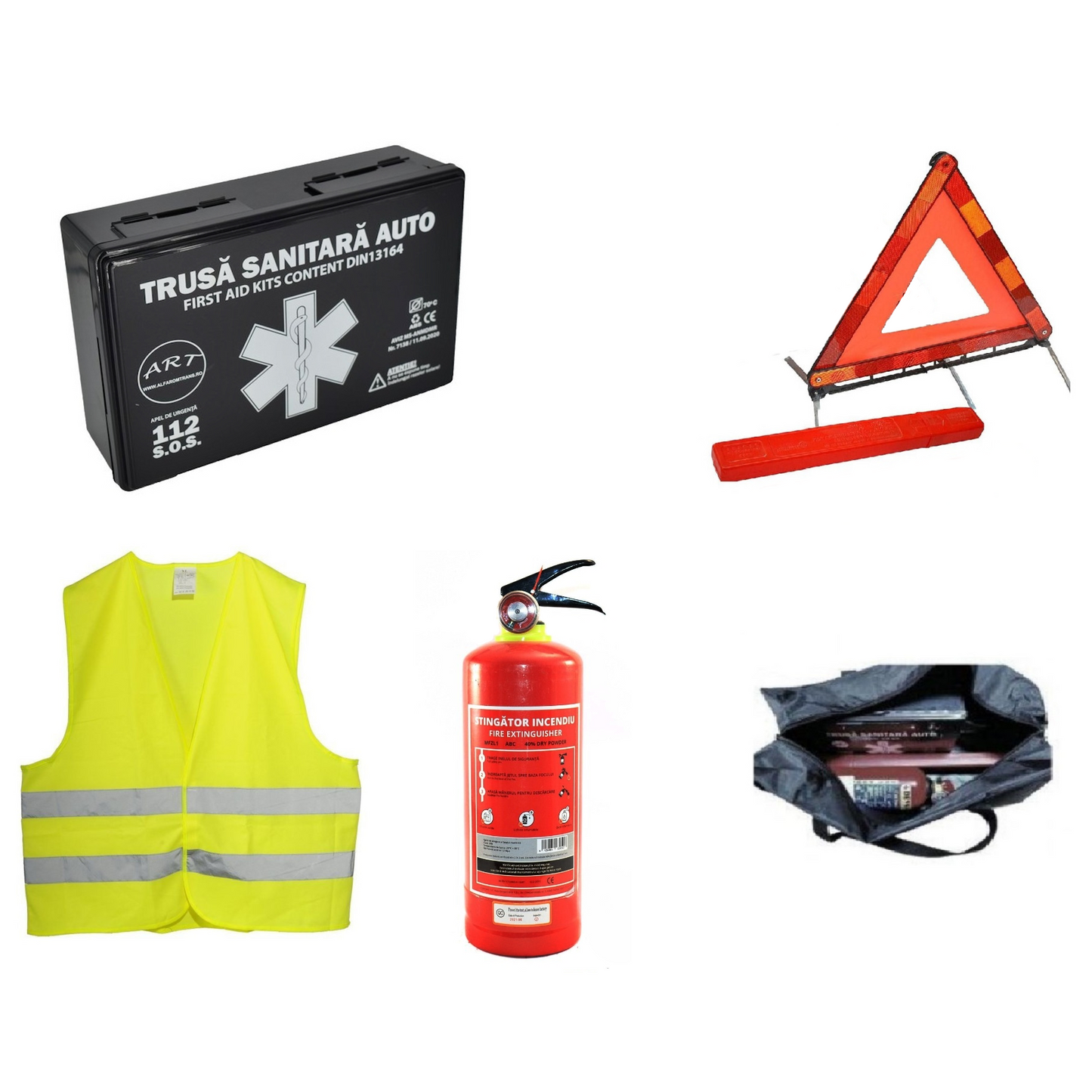 Kit siguranta rutiera omologat R.A.R idealSTORE Valabil 5 ANI 1 x Stingator reincarcabil 1 kg, 1 x Trusa prim ajutor, 1 x Triunghi, 1x Vesta reflectorizanta alaturi de Geanta pentru depozitare