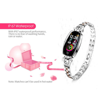 Ceas Smartwatch idealSTORE Lady SWEET COLLECTION 2019, Accesorizat cu Bratara metalica cu insertii elegante cu bijuterii, Monitorizare Ritm Cardiac, Sedentarism, Fitness Tracker, IP67 Waterproof, Culoare Silver