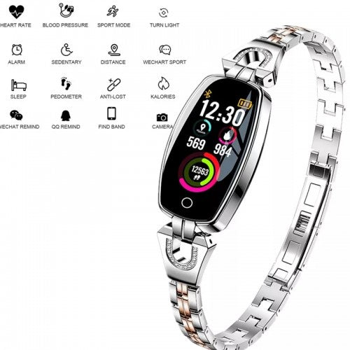 Ceas Smartwatch idealSTORE Lady SWEET COLLECTION 2019, Accesorizat cu Bratara metalica cu insertii elegante cu bijuterii, Monitorizare Ritm Cardiac, Sedentarism, Fitness Tracker, IP67 Waterproof, Culoare Silver