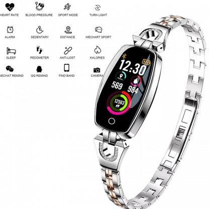 Ceas Smartwatch idealSTORE Lady SWEET COLLECTION 2019, Accesorizat cu Bratara metalica cu insertii elegante cu bijuterii, Monitorizare Ritm Cardiac, Sedentarism, Fitness Tracker, IP67 Waterproof, Culoare Silver