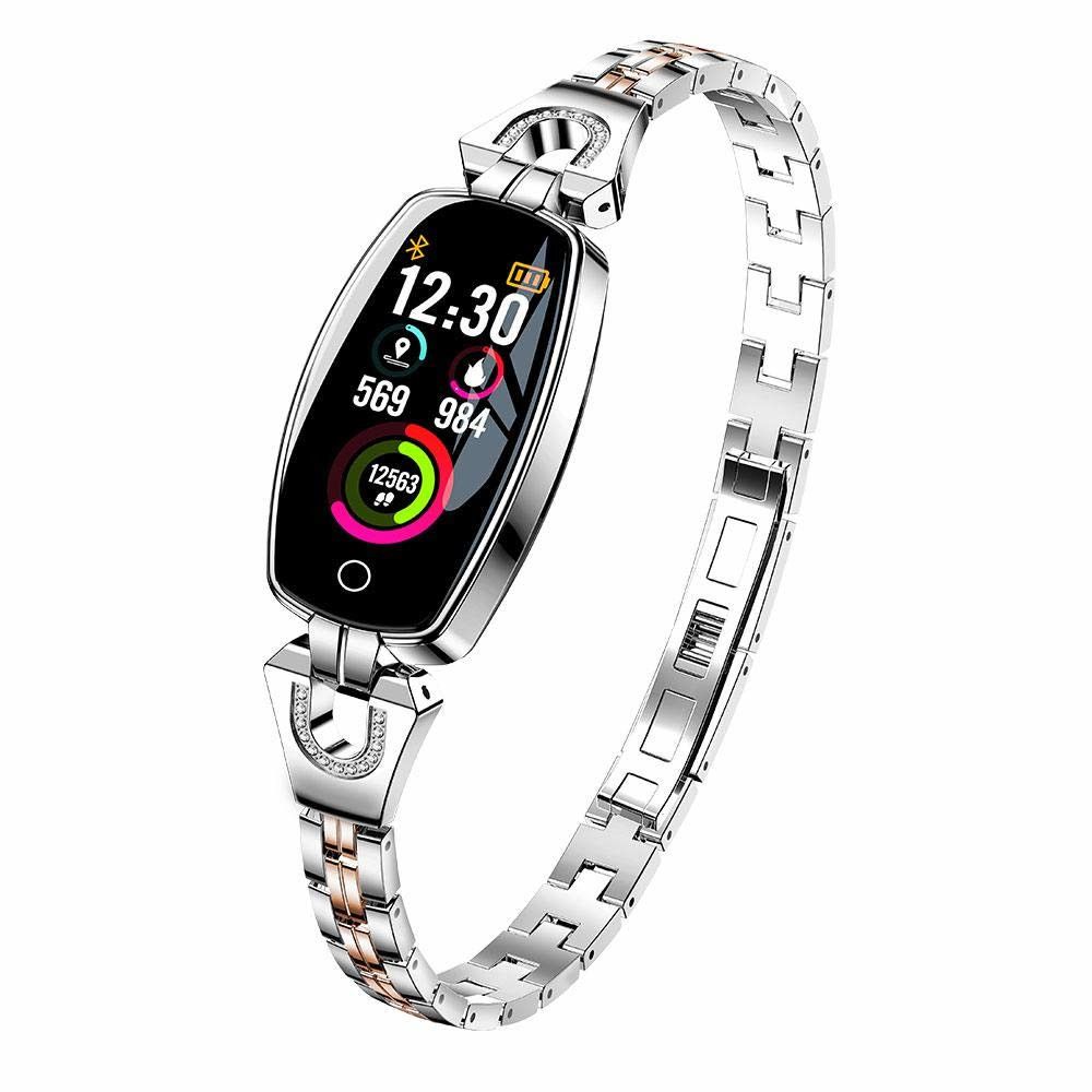 Ceas Smartwatch idealSTORE Lady SWEET COLLECTION 2019, Accesorizat cu Bratara metalica cu insertii elegante cu bijuterii, Monitorizare Ritm Cardiac, Sedentarism, Fitness Tracker, IP67 Waterproof, Culoare Silver