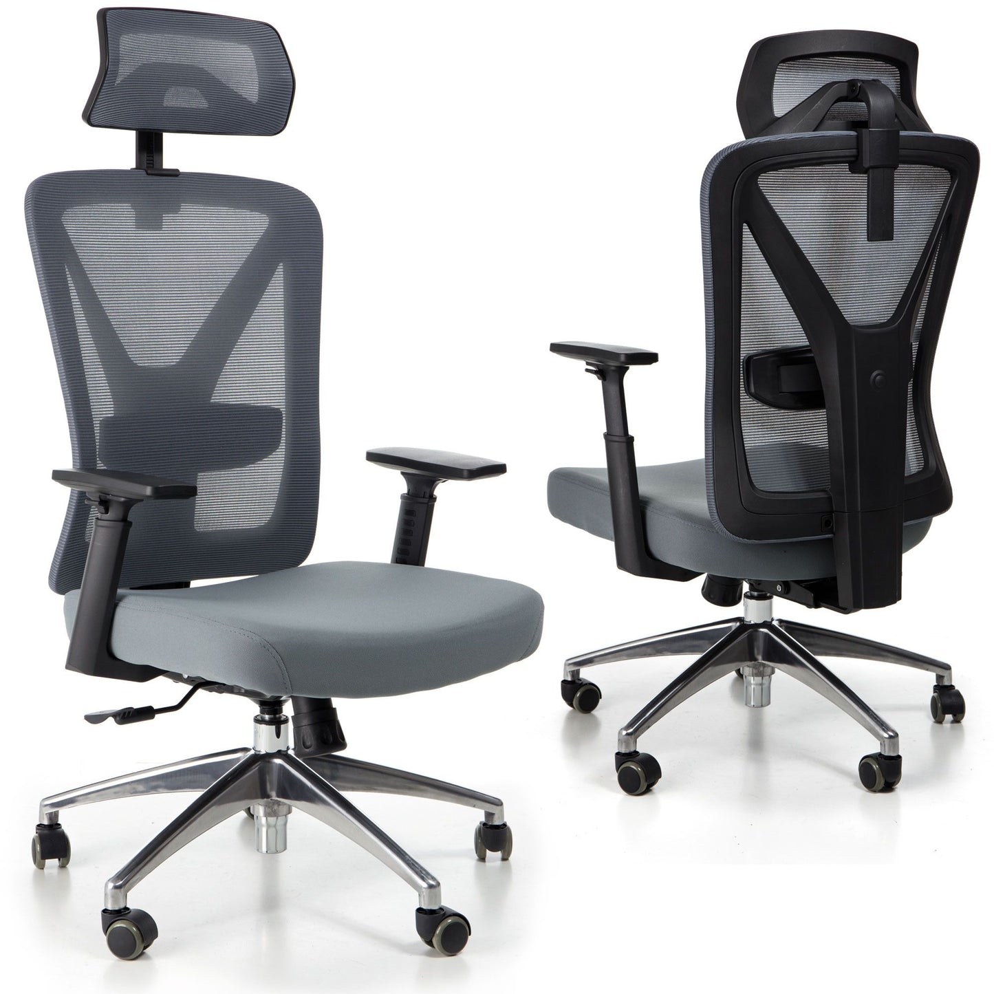 Scaun de birou Rotativ idealSTORE Vito Elite Collection Gri, Echipat cu spuma confortabila, Spate respirabil realizat din plasa micro, Cotiere 2D reglabile, Baza din aluminiu, Posibilitatea inclinarii spatarului pana la 130 , Maxim 130 kg