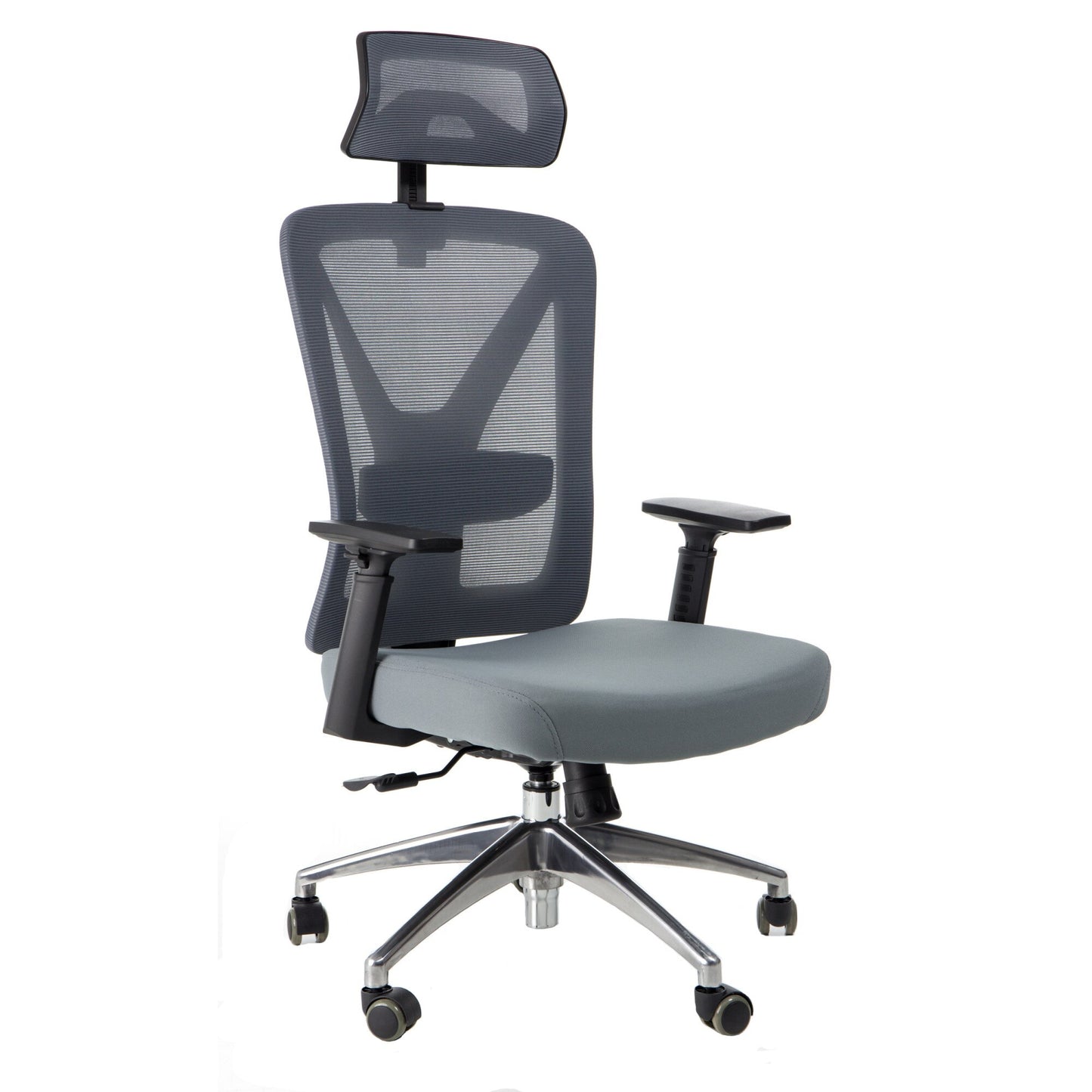 Scaun de birou Rotativ idealSTORE Vito Elite Collection Gri, Echipat cu spuma confortabila, Spate respirabil realizat din plasa micro, Cotiere 2D reglabile, Baza din aluminiu, Posibilitatea inclinarii spatarului pana la 130 , Maxim 130 kg