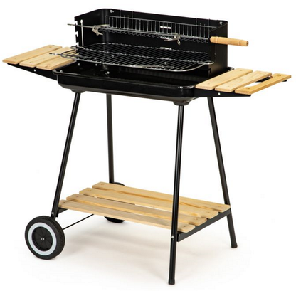 Gratar Profesional Modern Home idealSTORE cu Carbuni si Rotisor, Dimensiuni 86 x 37 x 84, Inaltime Reglabila pe 4 nivele, Structura Metalica Stabila, Echipat cu 3 Rafturi din lemn, Roti si Maner pentru Transport